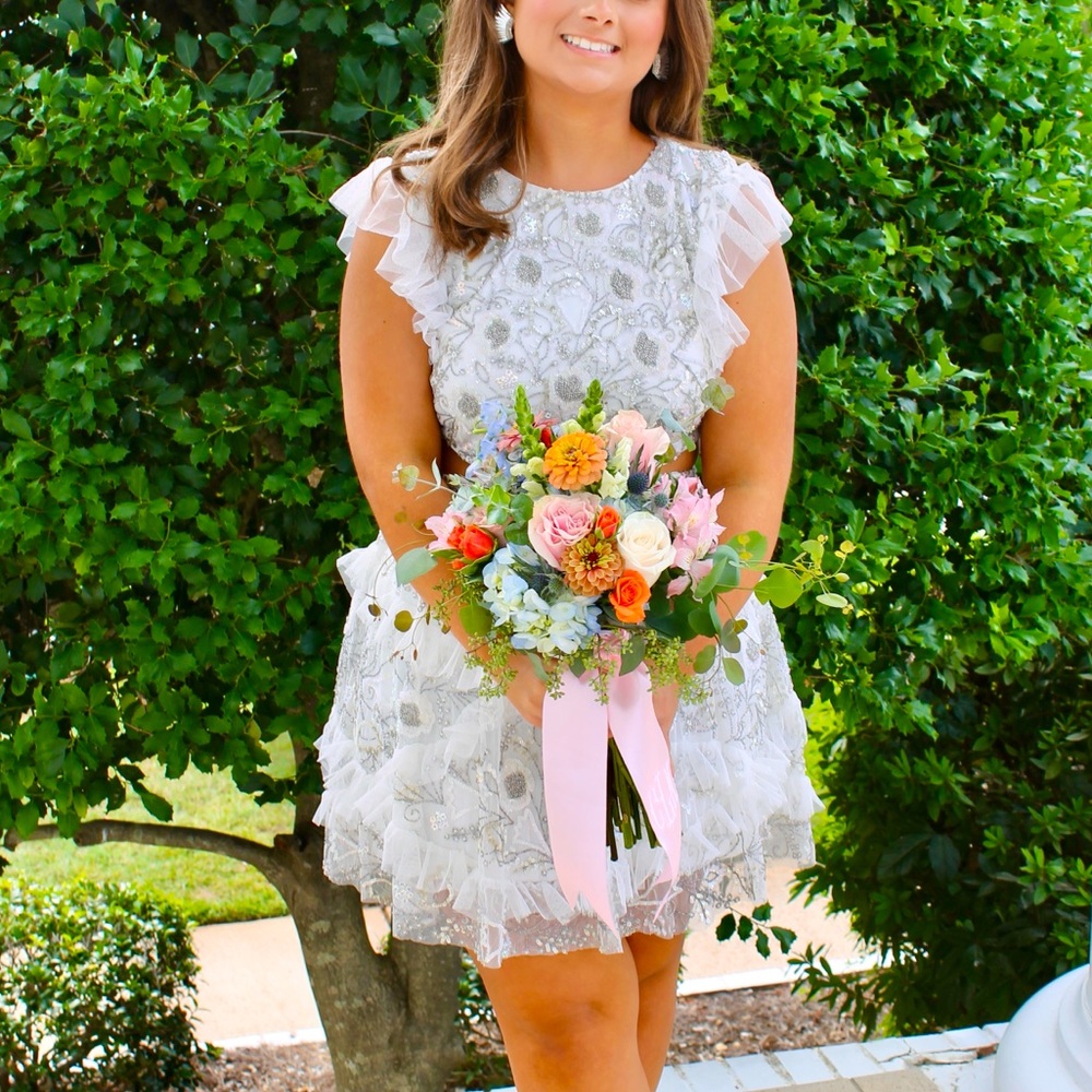 Mac Duggal White and Silver Mini Dress